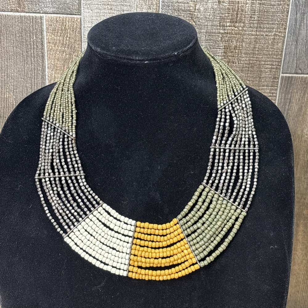 Multi Strand Seed Bead Bib Necklace Color Block Boho Statement Olive Mustard